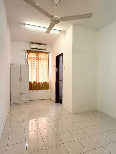 Room features: white painted walls, white tiled flooring, ceiling fan, window with sheer curtains, built-in wardrobe with drawers, air conditioning unit, doorway leading to another room.