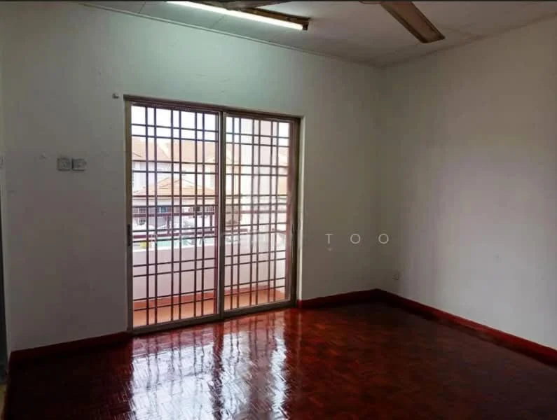 Room features: wooden flooring, white painted walls, sliding glass door, ceiling fan, natural light from windows, red trim around flooring.