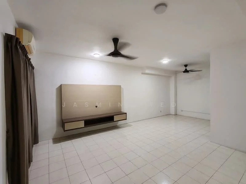 Living features: white painted walls, tiled flooring, 2 ceiling fans, wall-mounted TV console, curtains, recessed lighting, air conditioning unit; style: modern.