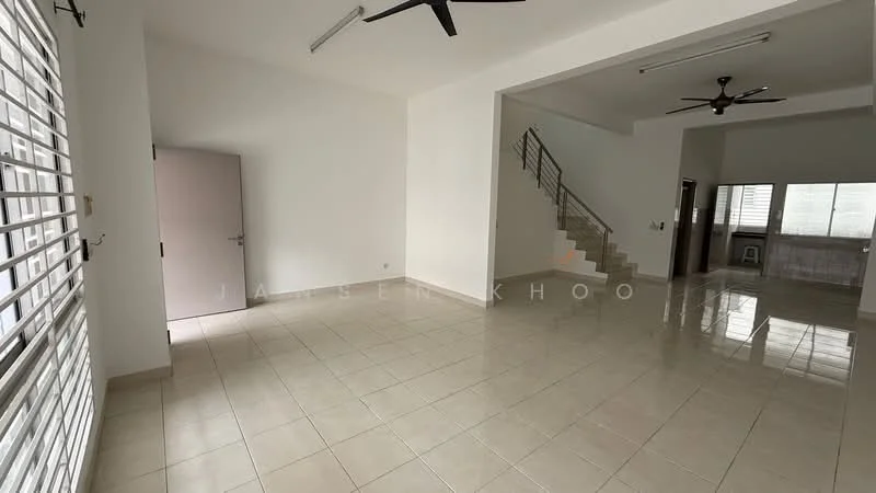 Living features: white painted walls, glossy ceramic tile flooring, 2 ceiling fans, large windows with horizontal slats, open layout, staircase visible in background, natural light from windows, neutral color scheme; style: modern.