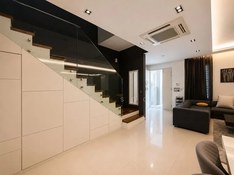 Living features: white painted walls, black accent wall, recessed downlights, ceiling-mounted air conditioning unit, large sliding glass door, floor-to-ceiling windows, grey fabric sofa, decorative throw pillow, area rug, marble tile flooring, staircase with glass railing, wooden staircase treads; style: modern.