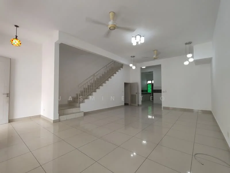 Living features: white painted walls, glossy ceramic tile flooring, ceiling fan with light, pendant light fixture, recessed downlights, staircase with white railing, large windows for natural light, open layout; style: modern.