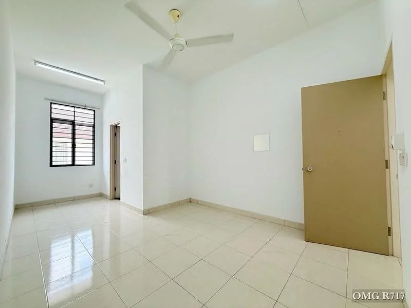 Room features: white painted walls, tile flooring, ceiling fan, single window, door with handle, light fixture on ceiling, neutral color scheme, corner wall with no features; style: minimalist.