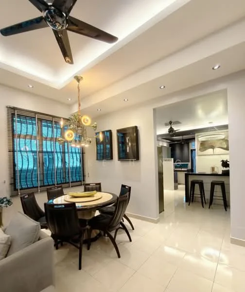 Dining features: round dining table, upholstered dining chairs, 5-blade ceiling fan with light, recessed downlights, decorative pendant light, white painted walls, cream tiled flooring, large windows with blinds, wall-mounted artwork, open layout to kitchen, decorative plant, wall-mounted TV; style: modern. Kitchen features: bar stools, open kitchen layout, white cabinetry, black countertop, stainless-steel appliances, recessed lighting; style: modern.
