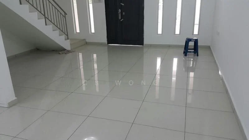 Room features: white painted walls, glossy ceramic tile flooring, staircase with metal railing, large windows with vertical slats, single blue stool, open space layout, bright natural light, neutral color scheme; style: modern.