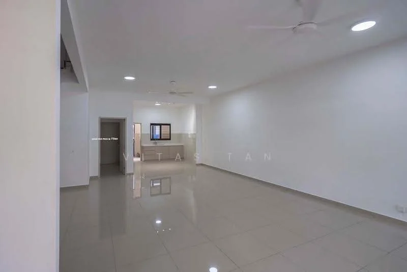 Room features: white painted walls, glossy ceramic tile flooring, recessed downlights, 2 ceiling fans, large window, doorway leading to another room, open layout, neutral color scheme; style: modern.