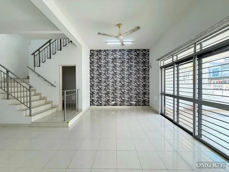 Living features: white painted walls, black and white patterned accent wall, ceramic tile flooring, 5-blade ceiling fan, large windows with horizontal slats, staircase with metal railing, open layout, natural light; style: modern.