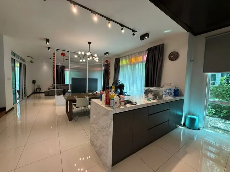 Kitchen features: marble countertop, dark cabinetry, stainless-steel sink, chrome pull-down faucet, built-in appliances, recessed downlights, open shelving, tile flooring, window with sheer curtains; style: modern; view: garden. Living features: sofa, coffee table, TV console, wall-mounted TV, area rug, floor-to-ceiling windows, curtains, decorative wall clock; style: modern; view: garden. Dining features: dining table, upholstered dining chairs, decorative lighting fixture; style: modern; view: garden.