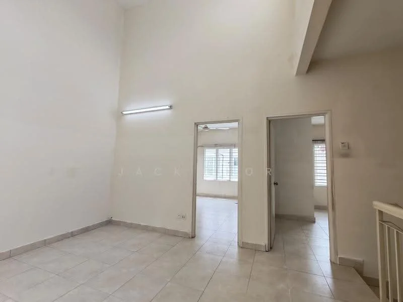 Room features: white painted walls, tile flooring, ceiling with fluorescent lighting, window with horizontal blinds, door leading to another room, door leading outside, high ceiling.