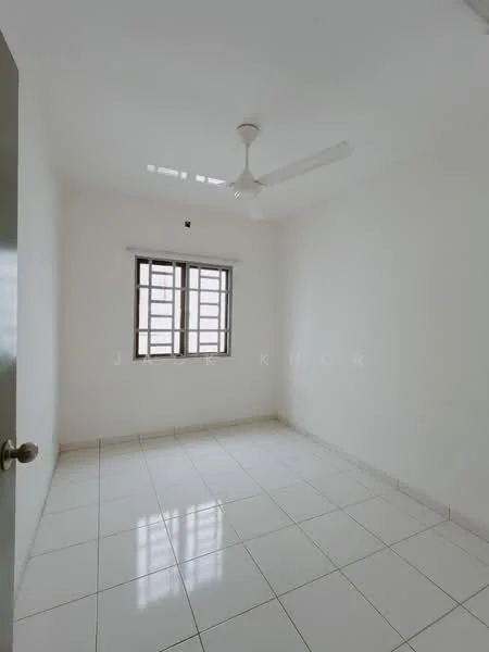 Room features: white painted walls, white ceiling, ceiling fan, 2 windows with grilles, white tiled flooring, no visible furniture, neutral decor, bright natural light; style: minimalist.