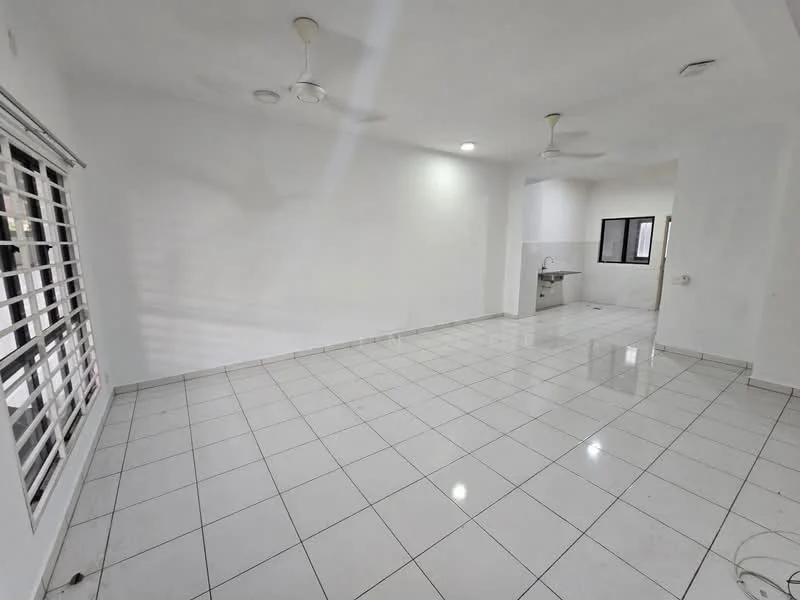 Living features: white painted walls, glossy white floor tiles, 2 ceiling fans, large windows with horizontal slats, open layout, natural light, neutral color scheme, no visible furniture; style: modern. Kitchen features: kitchen counter, white cabinetry, sink, no visible appliances, open to living area; style: modern.