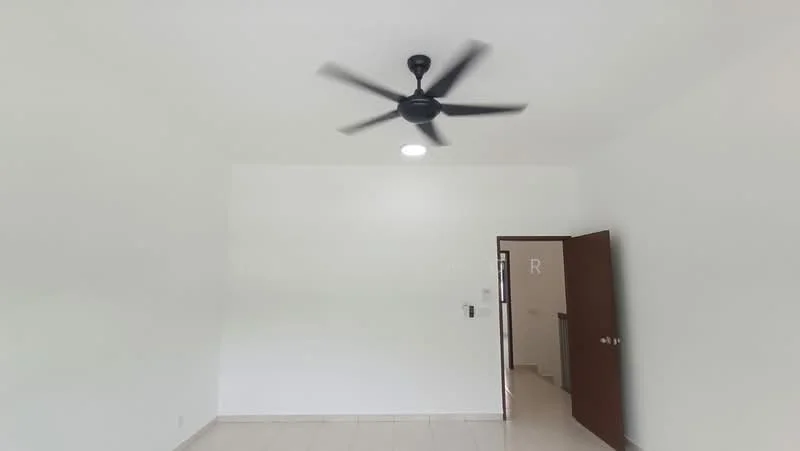 Room features: white painted walls, ceiling fan, recessed ceiling light, tile flooring, single wooden door, door frame, light switch, window frame.