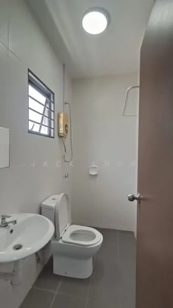 Bathroom features: white painted walls, grey ceramic tile flooring, single-sink vanity, chrome basin mixer faucet, one-piece toilet, shower head, exposed water heater, window with metal grille, ceiling light; style: modern.