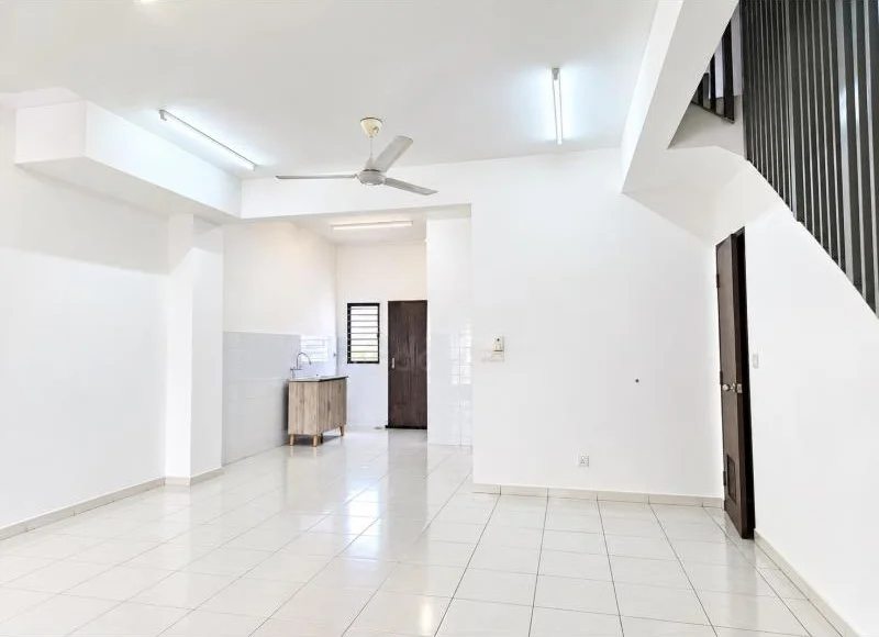 Living features: white painted walls, white ceramic tile flooring, flat white ceiling, recessed fluorescent tube lights, ceiling fan, open-plan layout, double-height ceiling void, staircase with black vertical balustrade, wooden front door, small interior window with black frame, built-in under-stair nook, minimalist finishes; style: modern.