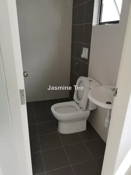 Bathroom features: white ceramic toilet, wall-mounted sink, chrome faucet, grey wall tiles, white floor tiles, toilet paper holder, window for natural light; style: modern.