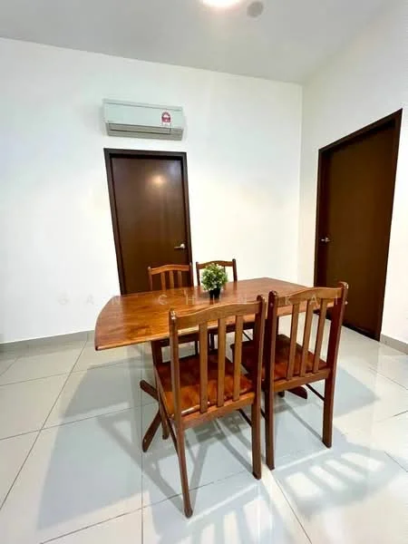 Dining features: wooden dining table, 4 wooden dining chairs, white painted walls, glossy ceramic tile flooring, wall-mounted split AC, brown wooden door, light fixture on ceiling; style: modern.