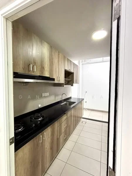 Kitchen features: laminate cabinetry in wood finish, black granite countertop, double-bowl stainless-steel sink, chrome pull-down faucet, built-in gas hob with two burners, exhaust hood, white tiled backsplash, ceramic tile flooring, recessed downlights, wall-mounted storage shelves, window for natural light; style: modern.