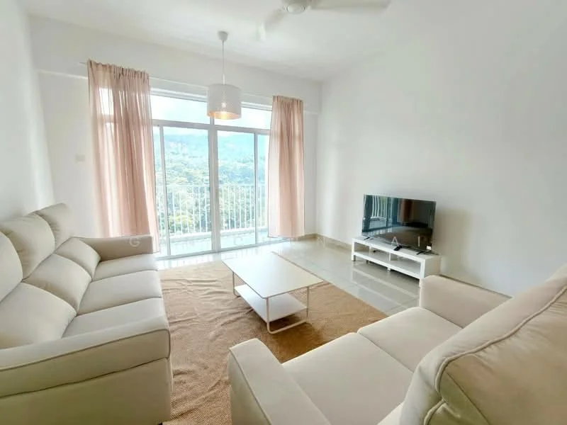 Living features: 2-seater fabric sofa in beige, 3-seater fabric sofa in light grey, coffee table with white surface, TV console in white, wall-mounted TV, floor-to-ceiling windows, sheer curtains in light pink, ceiling fan, area rug in natural color, marble tile flooring, white painted walls, mountain view; style: modern; view: mountain.