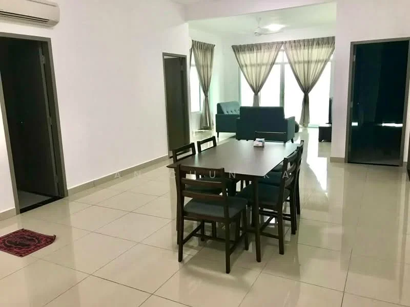 Dining features: 6-seater dining table, wooden dining chairs, cream tiled flooring, white painted walls, ceiling fan, recessed downlights, large windows with sheer curtains, doorway leading to other rooms; style: modern. Living features: sofa in teal fabric, cream tiled flooring, white painted walls, large windows with sheer curtains, ceiling fan, recessed downlights; style: modern.