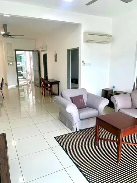 Living features: white painted walls, glossy tile flooring, 5-blade ceiling fan, 2-seater fabric sofa in light grey, 2-seater fabric sofa in beige, wooden coffee table, area rug with striped pattern, wall-mounted split AC, sliding glass door, floor-to-ceiling windows, decorative wall art; style: modern; view: city. Dining features: wooden dining table for 4, 4 dining chairs, wall-mounted split AC; style: modern.
