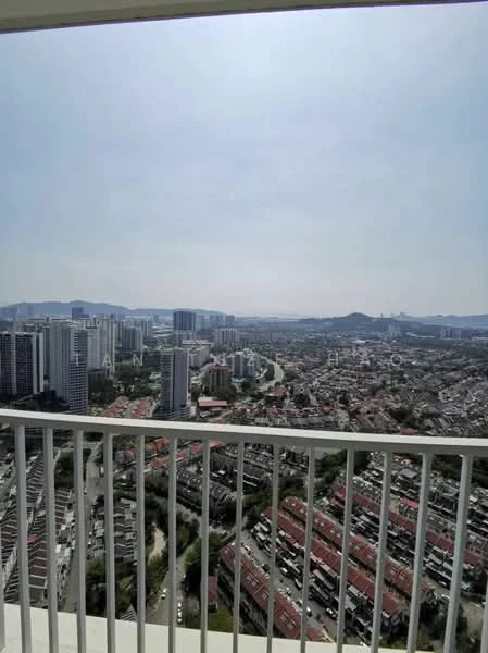Exterior type: high-rise condominium; features: city skyline view, surrounded by urban landscape, multiple high-rise buildings, hills in the background, clear sky, balcony railing; style: modern.