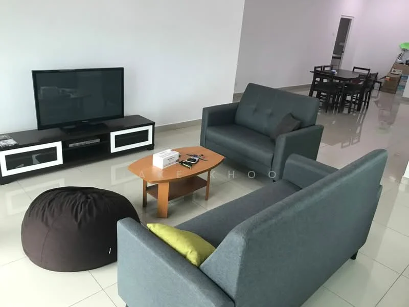Living features: 2-seater fabric sofa in grey, 3-seater fabric sofa in grey, coffee table with wooden top, bean bag chair in brown, TV console with white drawers, wall-mounted TV, polished tile flooring, white painted walls, recessed downlights, area rug; style: modern.