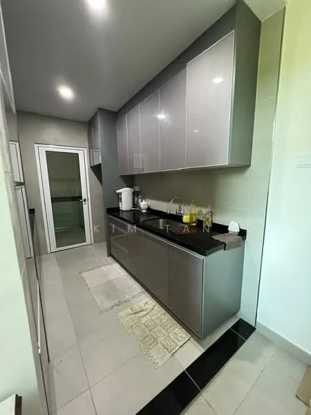 Kitchen features: grey high-gloss cabinetry, black countertop, stainless-steel sink, chrome pull-down faucet, built-in oven, ceramic tile flooring, recessed LED downlights, sliding glass door, white walls, kitchen rug; style: modern.