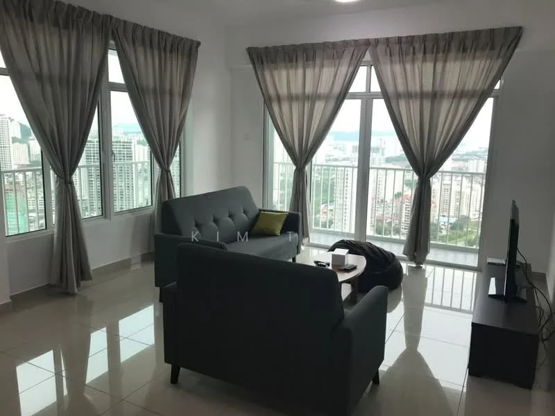 Living features: grey fabric sofa, coffee table, wall-mounted TV, floor-to-ceiling windows, curtains with tiebacks, glossy tile flooring, city skyline view, decorative cushion; style: modern; view: city.