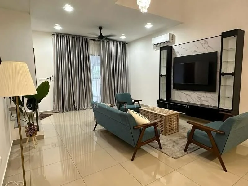 Living features: 2-seater fabric sofa in teal, 3-seater fabric sofa in teal, coffee table with woven design, area rug with neutral color, wall-mounted TV, TV console with storage, floor-to-ceiling curtains in grey, ceiling fan with light, recessed downlights, air conditioning unit on wall, decorative lamp, marble accent wall; style: modern.