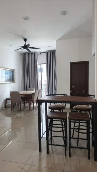 Dining features: dining table with 6 upholstered chairs, bar-height dining table with 4 stools, ceiling fan with 5 blades, floor-to-ceiling windows with sheer curtains, light-coloured walls, glossy tile flooring, decorative mirror on wall, neutral-coloured curtains; style: modern.
