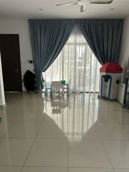 Living features: white painted walls, glossy ceramic tile flooring, 5-blade ceiling fan with light, floor-to-ceiling windows, sheer curtains, dark wooden door, children's play table, playhouse, wall-mounted TV, decorative wall panel; style: modern; view: garden.