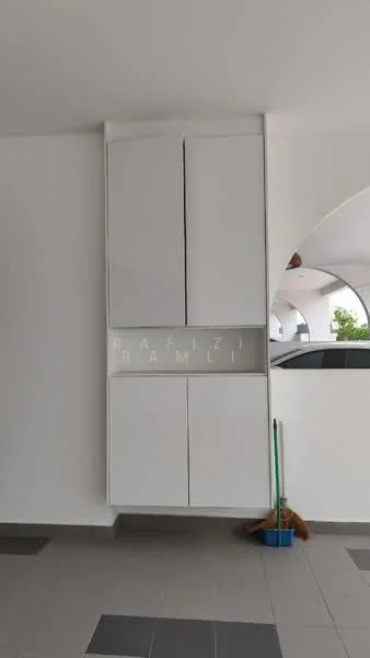 Room features: white cabinetry, built-in storage, grey tiled flooring, clean modern design, minimalist style, sweeping broom, cleaning supplies, neutral wall color; style: modern.