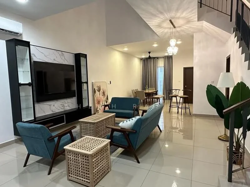 Living features: sofa in teal fabric, 2-seater sofa, coffee table with woven design, TV console with marble accent, wall-mounted TV, decorative wall art, recessed downlights, ceiling fan, large windows with sheer curtains, dining area visible in background, tile flooring, neutral wall color, decorative plant in corner; style: modern.