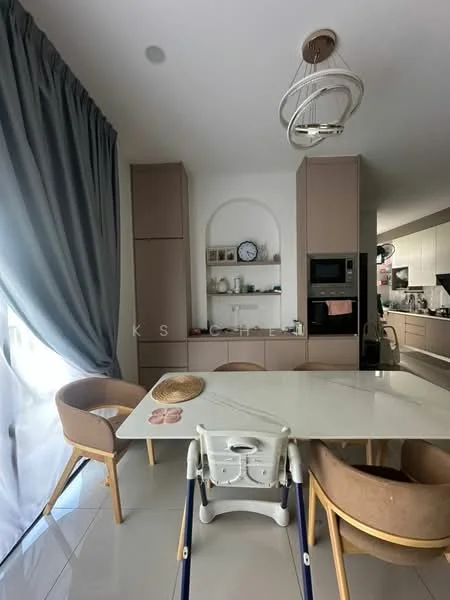 Kitchen features: white walls, grey cabinetry, built-in microwave, built-in oven, refrigerator, white dining table, four beige dining chairs, pendant light fixture, window with sheer curtains, ceramic tile flooring, open shelving, clock on shelf, decorative items on shelf; style: modern.
