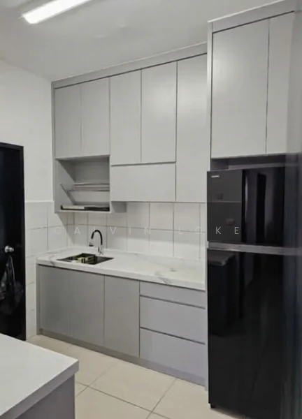 Kitchen features: grey cabinetry, white countertop, single-bowl stainless-steel sink, chrome pull-down faucet, built-in oven, stainless-steel fridge, ceramic tile flooring, white tiled backsplash, open shelving, under-cabinet lighting; style: modern.