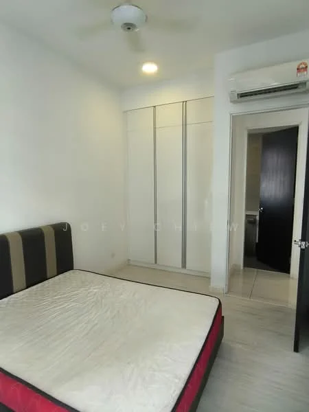 Bedroom features: white painted walls, laminate flooring, ceiling fan, built-in wardrobe with sliding doors, queen-size bed frame without mattress, door leading to bathroom, light fixture on ceiling, air conditioning unit; style: modern.
