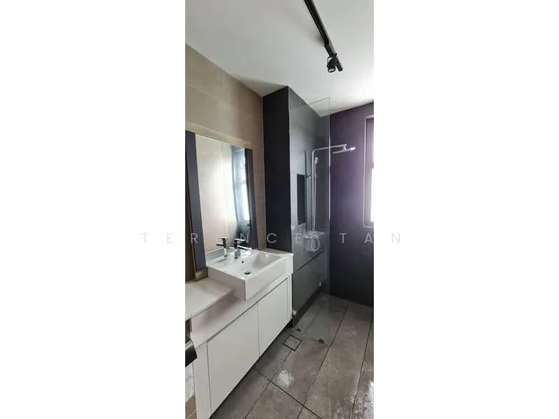 Bathroom features: single-sink vanity with white cabinet, chrome basin mixer faucet, framed mirror, walk-in shower with glass enclosure, rain shower head, handheld shower, tile cladding on walls, grey ceramic tile flooring, recessed downlights, window for natural light; style: modern.