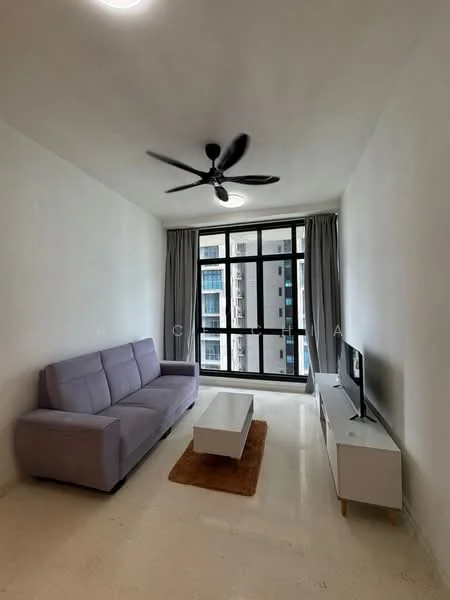 Living features: 3-seater fabric sofa in lavender, coffee table with white surface, TV console with white cabinetry, wall-mounted TV, floor-to-ceiling windows, sheer curtains, ceiling fan, light fixture, cream painted walls, light-colored flooring, area rug in brown, decorative wall art; style: modern; view: city.
