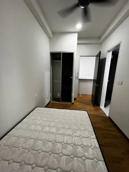 Bedroom features: wooden flooring, white painted walls, ceiling fan, single bed mattress, built-in wardrobe with sliding doors, door to hallway, door to bathroom, window with no visible treatment; style: modern.