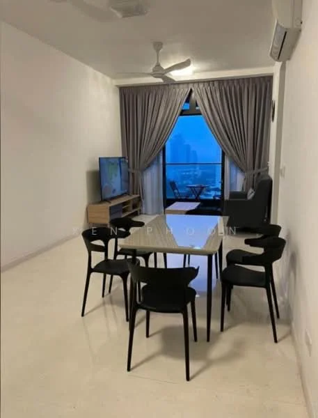 Living features: floor-to-ceiling windows, grey curtains, 3-blade ceiling fan, wall-mounted TV, wooden TV console, black dining table, 4 black dining chairs, light-colored tiled flooring, black armchair, decorative wall, open balcony view; style: modern; view: city.