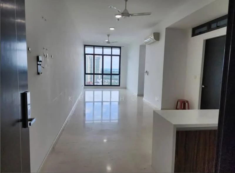 Room features: white painted walls, marble flooring, 5-blade ceiling fan with light, 2 ceiling-mounted lights, large floor-to-ceiling windows, air conditioning unit, open layout, view of city skyline; style: modern; view: city.