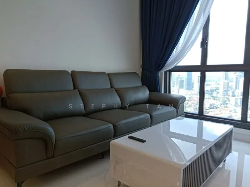 Living features: 3-seater leather sofa in grey, white coffee table, floor-to-ceiling windows, sheer curtains, city view, marble flooring, decorative wall, LED lighting; style: modern; view: city.