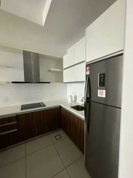 Kitchen features: white cabinetry with flat-panel design, dark wood lower cabinets, stainless-steel fridge, built-in oven, ceramic cooktop, white countertop, tile backsplash, open shelving, grey tile flooring, exhaust hood, single-bowl stainless-steel sink, chrome pull-down faucet; style: modern.