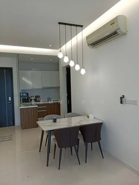 Dining features: marble dining table, 4 upholstered dining chairs, 5 pendant lights, wall-mounted split AC, white painted walls, recessed ceiling lights, open kitchen in background, ceramic tile flooring; style: modern.