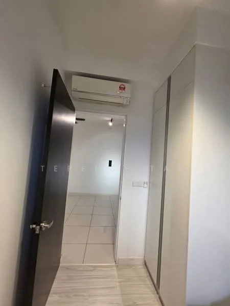 Room features: white painted walls, tile flooring, 1 wall-mounted split AC, built-in wardrobe with sliding doors, dark wooden door, recessed downlights; style: modern.