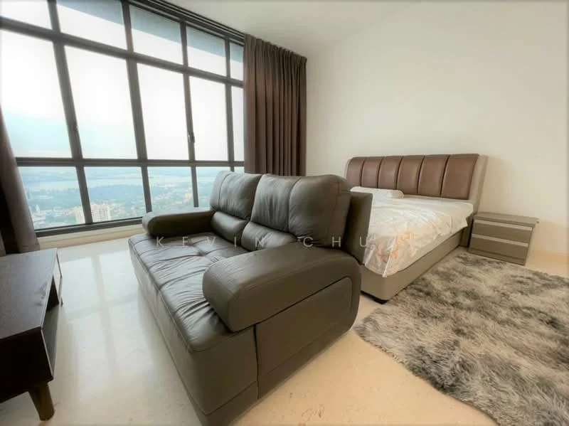 Bedroom features: king-size bed, upholstered headboard, 2 bedside tables, 3-seater leather sofa in grey, floor-to-ceiling windows, sheer curtains, marble flooring, area rug with geometric pattern; style: modern; view: city.