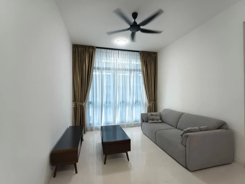 Living features: light grey fabric sofa, wooden coffee table, wooden side table, floor-to-ceiling windows, sheer curtains, brown curtains, recessed ceiling light, 5-blade ceiling fan, white painted walls, polished marble flooring; style: modern.