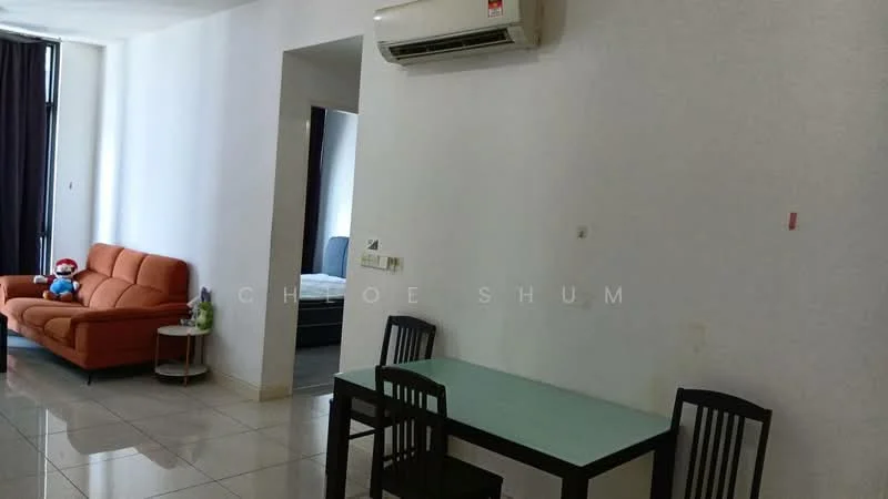 Living features: orange fabric sofa, glass coffee table, 4 black dining chairs, white walls, tile flooring, wall-mounted air conditioning unit, large windows with dark curtains, decorative wall art; style: modern. Room features: white walls, tile flooring.