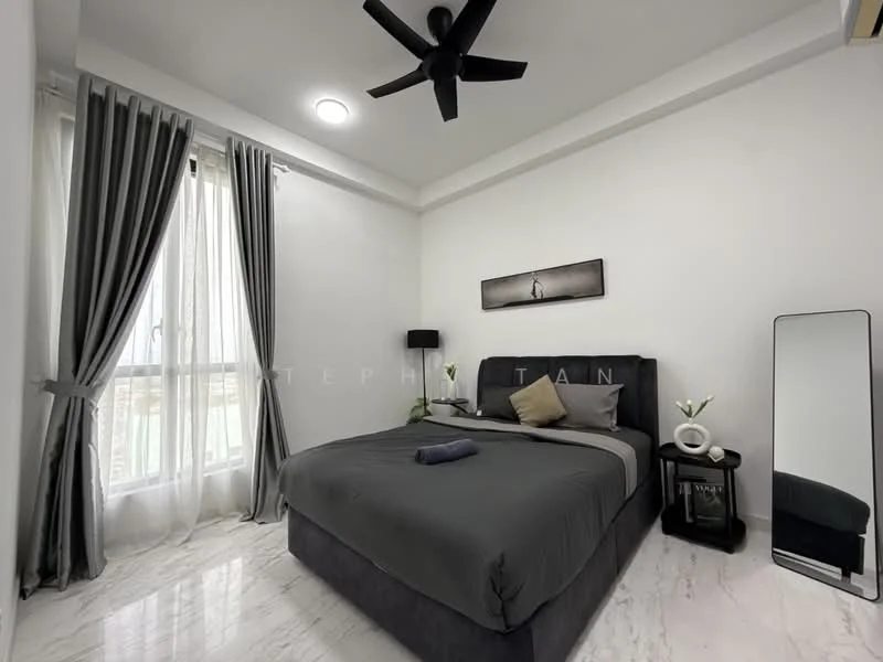 Bedroom features: king-size bed with grey bedding, upholstered headboard, floor-to-ceiling windows, sheer curtains, dark grey accent wall, marble tile flooring, 5-blade ceiling fan with light, decorative mirror, nightstand with lamp, decorative plant in vase, framed artwork on wall; style: modern; view: city.