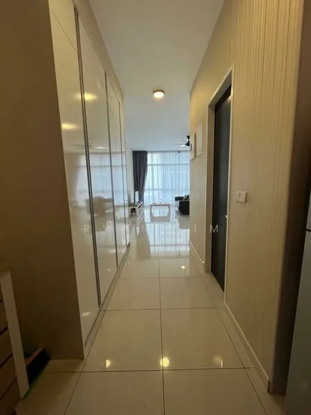 Room features: white painted walls, glossy ceramic tile flooring, recessed downlights, built-in cabinets, floor-to-ceiling windows, curtains, neutral color scheme, open layout; style: modern.